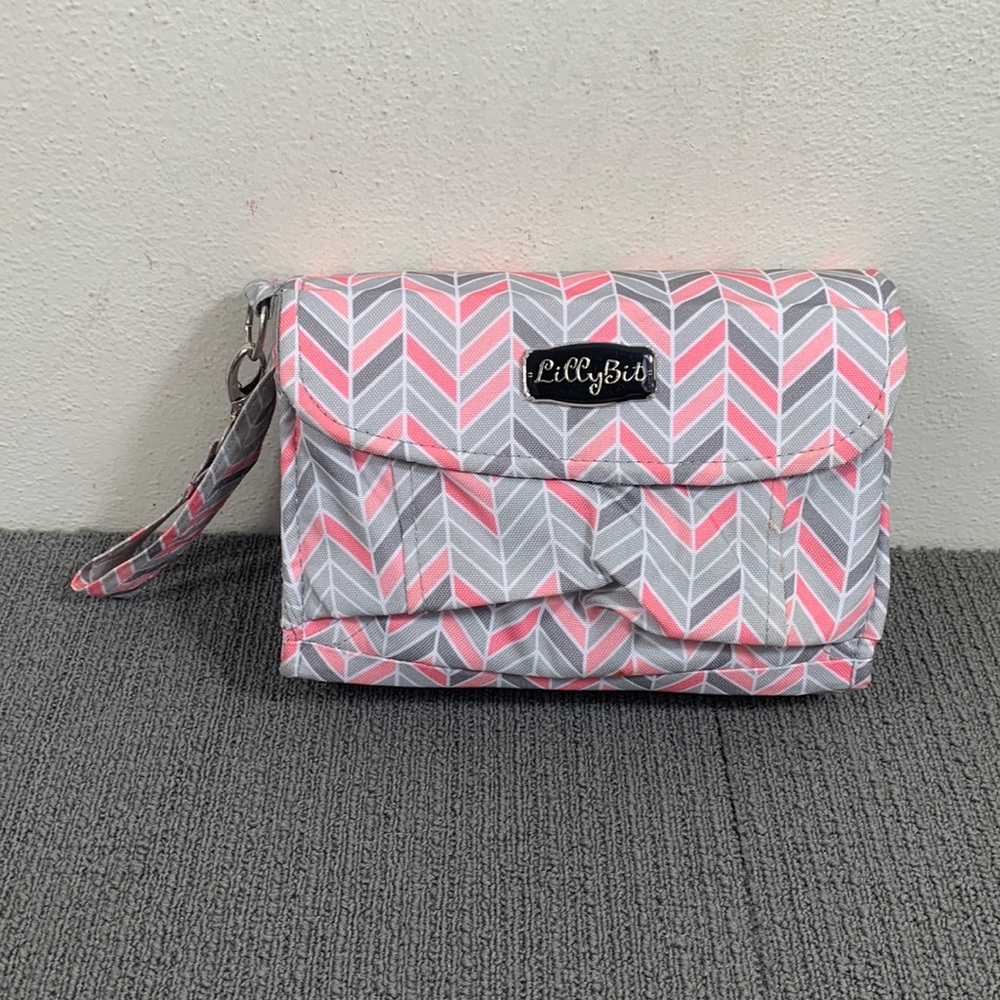 Lilly Bit for Demdaco Chevron Diaper Clutch Gray Pink Makeup Shoulder Bag
